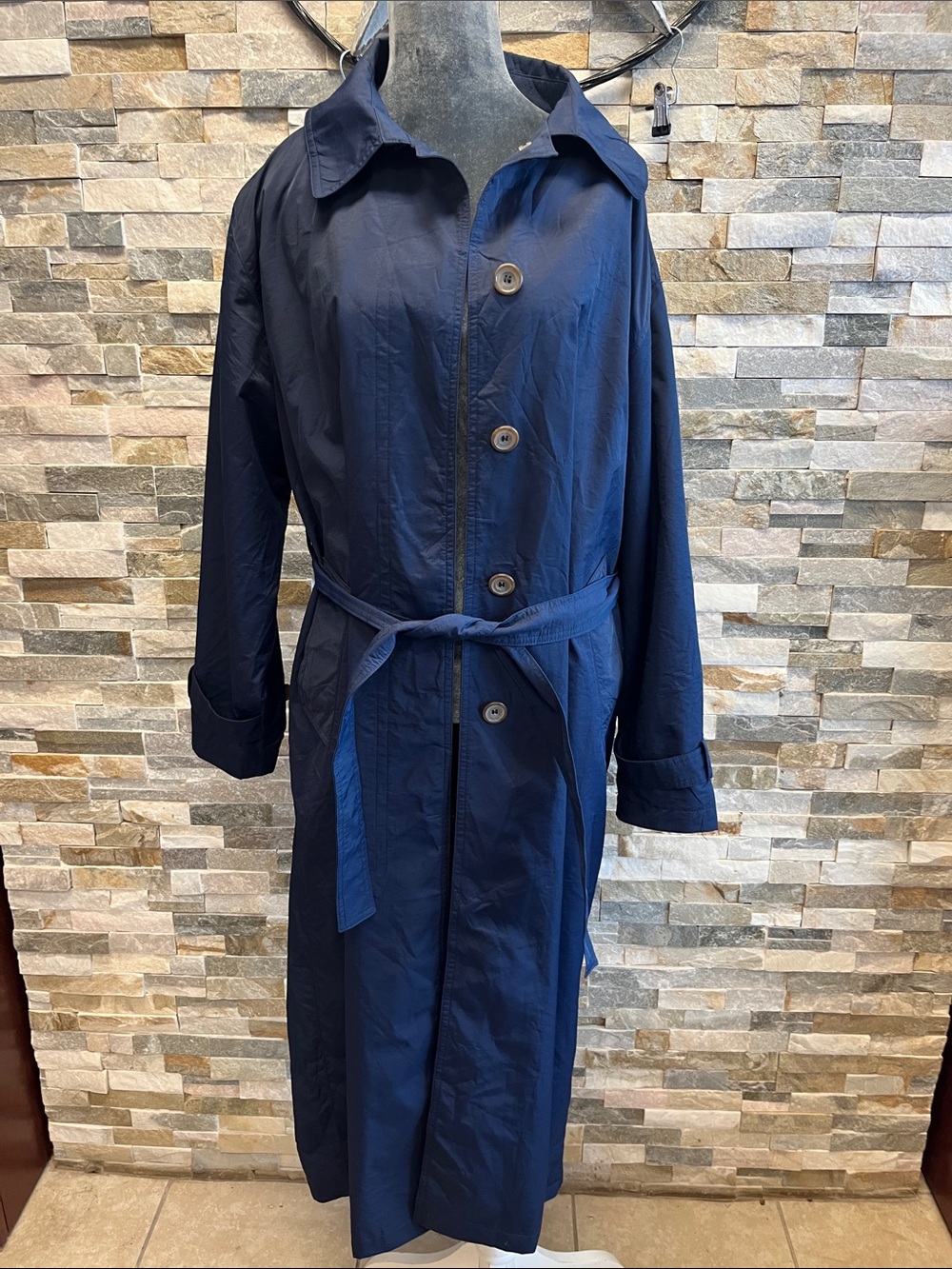 Navy Belted Long Trench Coat for Women